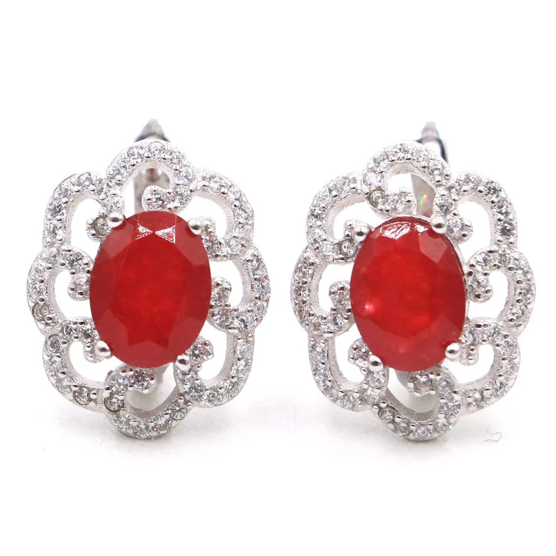 

17X14mm SheCrown Romantic Real Red Ruby White CZ Gift For Ladies Silver Stud Earrings