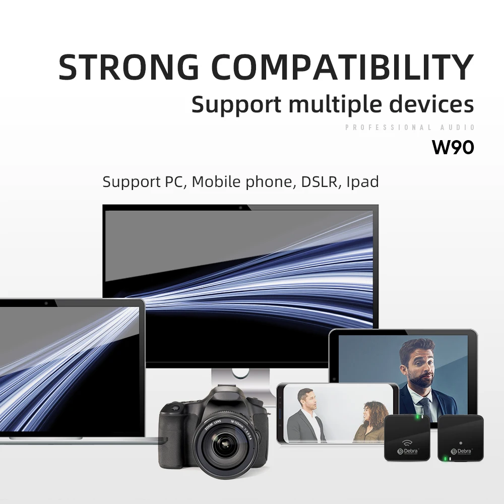 W90 Series Condenser Wireless Microphone System Interview Lapel Mic,Long Standby For Smartphone DSLR Camera Realtime Monitoring.