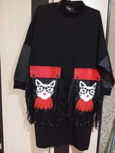 Black Dress Robe Fringes Long-Sleeve 3084 Midi Plus-Size Woman Winter Cute PU Cartoon