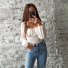 Short Blouses Womens Tops Long-Sleeve Vintage Square-Collar Casual Simple New Bow Solid