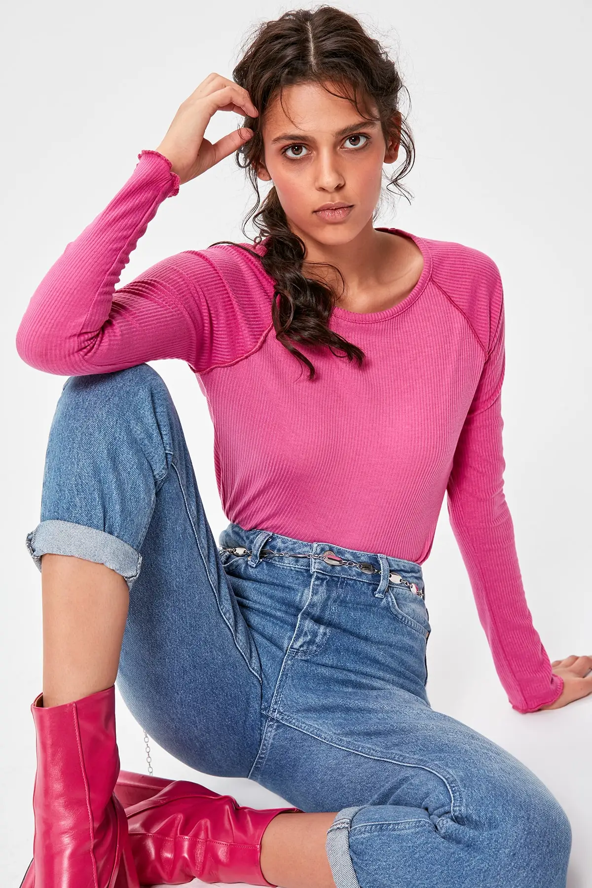 Trendyol фуксия трикотажная блузка в рубчик TWOAW20BZ0307|Блузки| |
