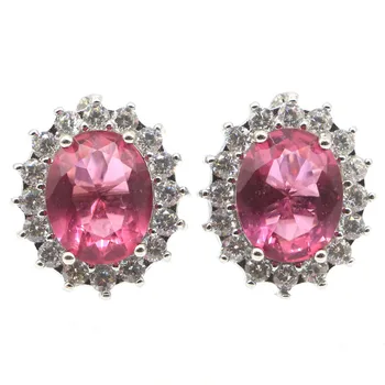 

15x13mm Pretty Created Pink Tourmaline White CZ Gift For Sister Silver Earrings