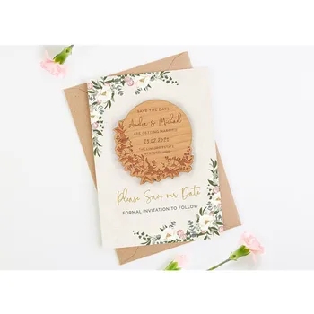 

Floral wreath wood Magnet, customized boho Save The Date fridge Magnets, wedding favor wooden Invites cards, Wedding Accessories