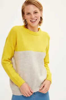 

DeFacto Woman Mixed White Yellow Collor Knitted Pullover Women Long Sleeve O-neck Casual Pullovers Tops-L1851AZ19WN