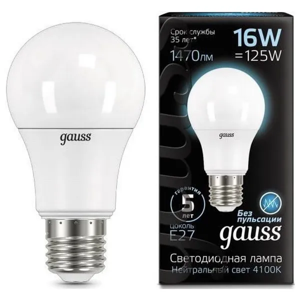 Лампа GAUSS LED A 60 16 W E 27 4100 K 102502216 | Лампы и освещение