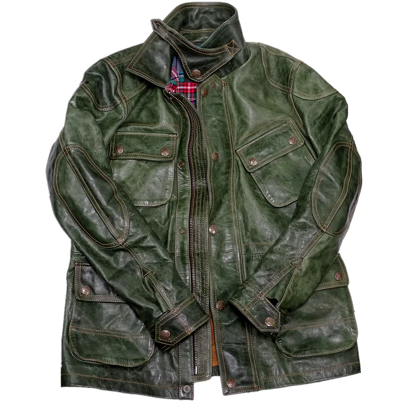 M65 Leather Jacket for Men Horsehide Slim Fit Multi-pockets America Retro Casual Safari Coat Motorcycle Male Clothing Men Leather Jacket