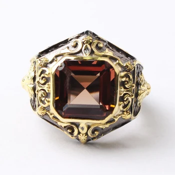 

Handmade Gold Black Zircon Man Silver Ring, Square Zircon Silver Men Ring