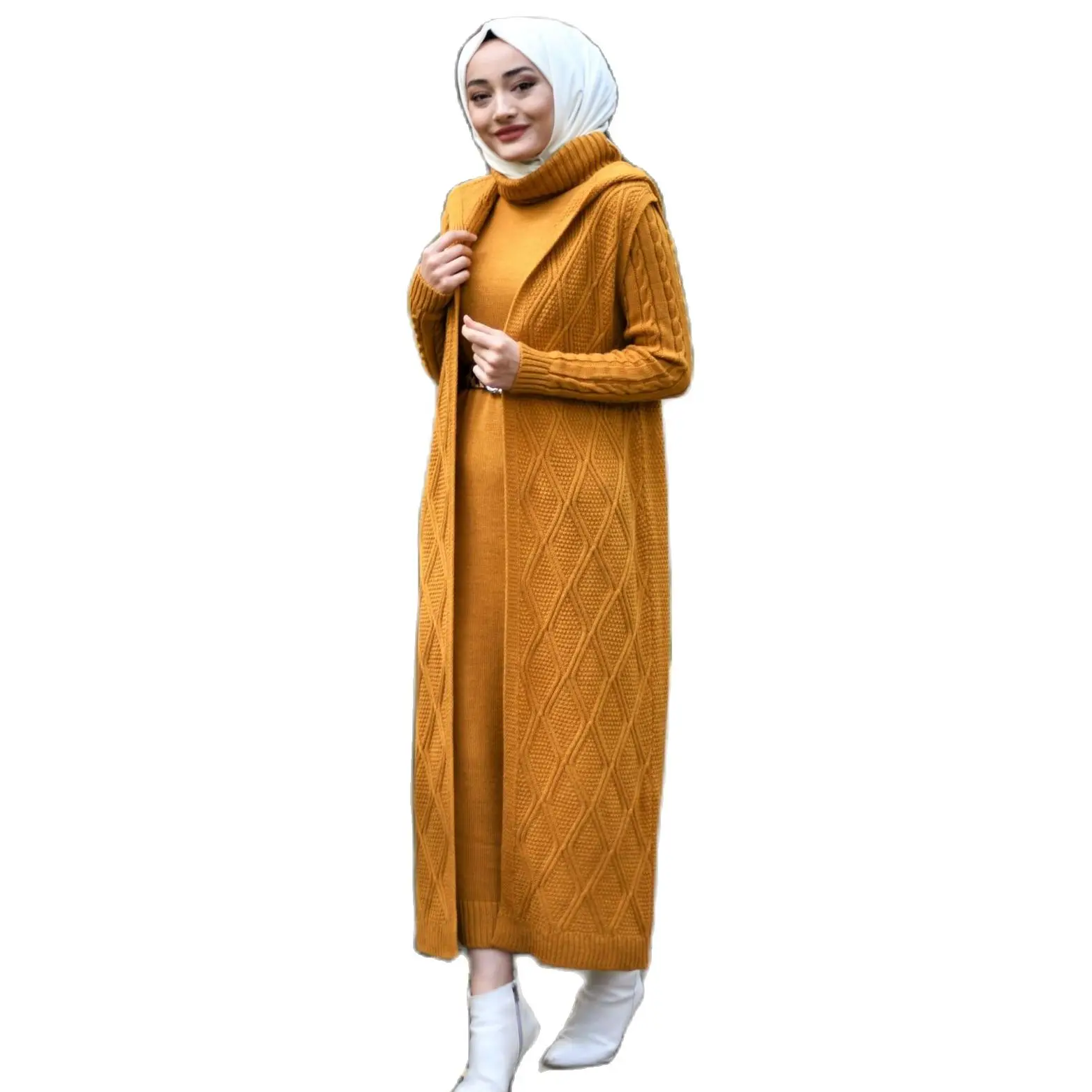 2 Piece Women's Knitted Set Turtleneck Maxi Dress and Hooded Cardigan Embroidery Pattern Knitwear Muslim Fashion | Тематическая