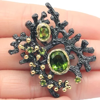

38x31mm SheCrown 20g Gothic Vintage Style Coral Reef Created Green Peridot Violet Tanzanite Black Gold Silver Pendant For Man