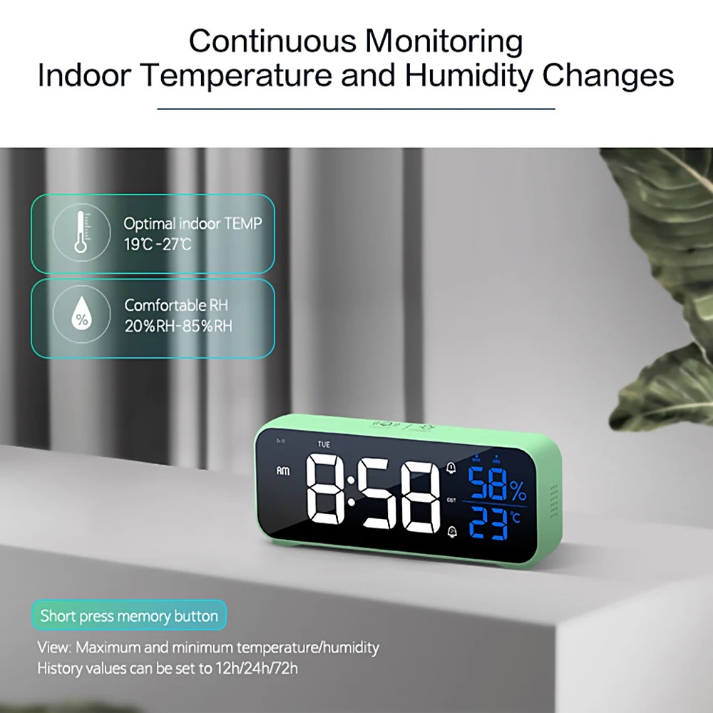 Music LED Digital Alarm Clock Voice Control Temperature Humidity Display Desktop Clocks Home Table Decoration Built-in 1200mAh_voghion.com