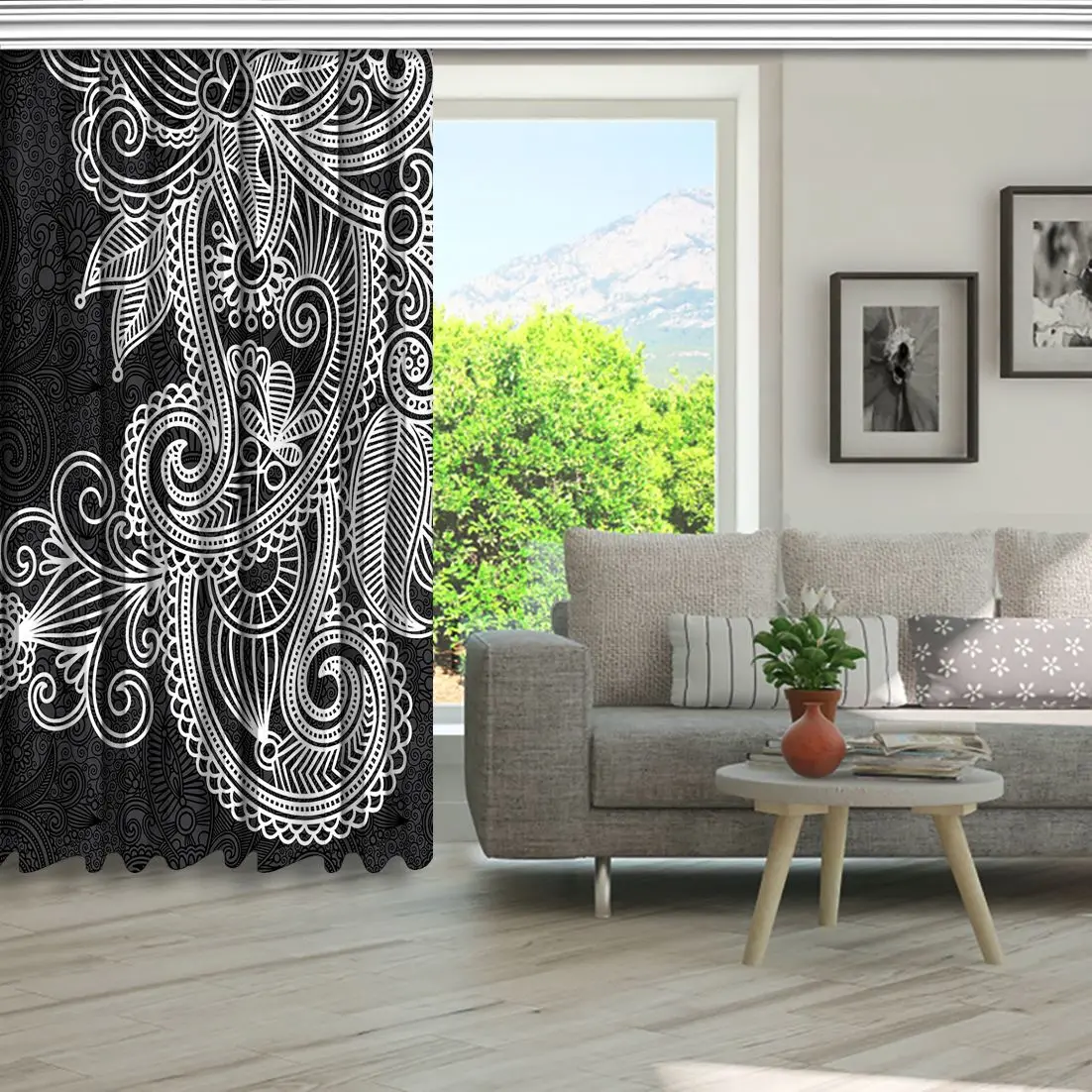 Flowers Leaves Paisley Pattern on Grey Background Vintage Floral Artwork Printed Black White Curtain