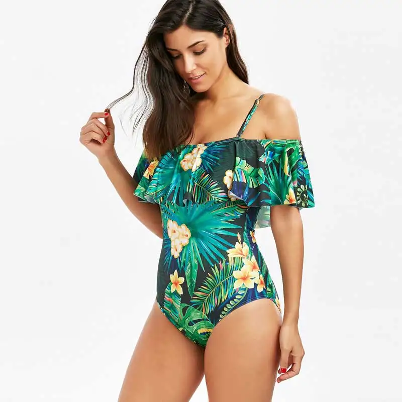 2020 Woman Plus size Swimsuit One Piece Green Floral Bathing Suit for Women Big Leaf Swimming Vintage Bather Female Swimwear|Комбинезоны|