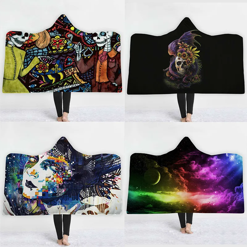 Fashion-Sugar-Skull-Flower-Hooded-Blanket-For-Adults-Floral-Gothic-Sherpa-Fleece-Wearable-Throw-Dream-Catcher