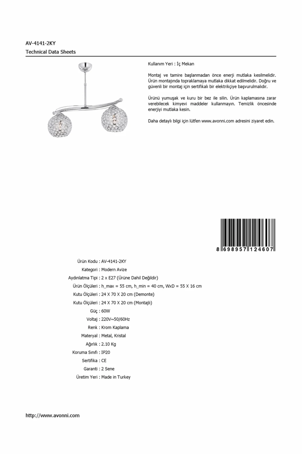 AVONNI AV-4141-2KY хромированная классическая люстра, E27, Meta