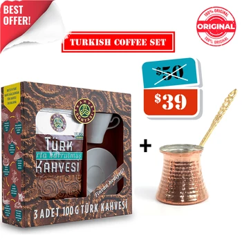 

3x 100GR Turkish Coffee 1x Turkish Coffee Cup and Saucer 1x Turkish Coffee Pot Best Offer Made in Turkey