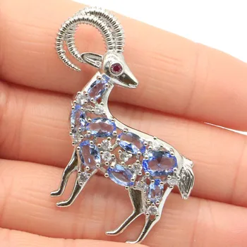 

50x42mm Gorgeous Goat Shape Created Violet Tanzanite White CZ Wiman's Gift Silver Brooch