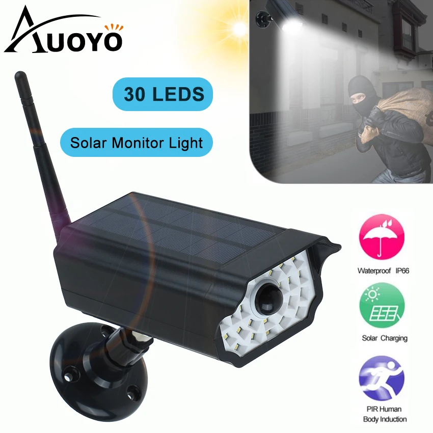 

Auoyo Outdoor Lighting Solar Motion Sensor Lights Solar LED Wall Lamp IP65 Waterproof Imitation Fake Monitor Wireless Outdoor