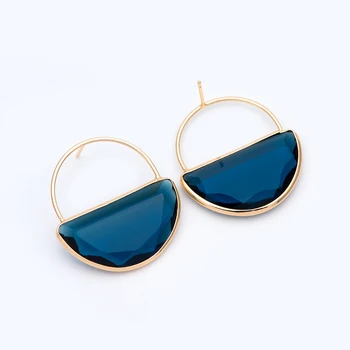 

4pcs Geometric Glass Stud Earring, 18K Gold plated Brass, Semi-circle Ear Posts, Blue (GB-1027-2)