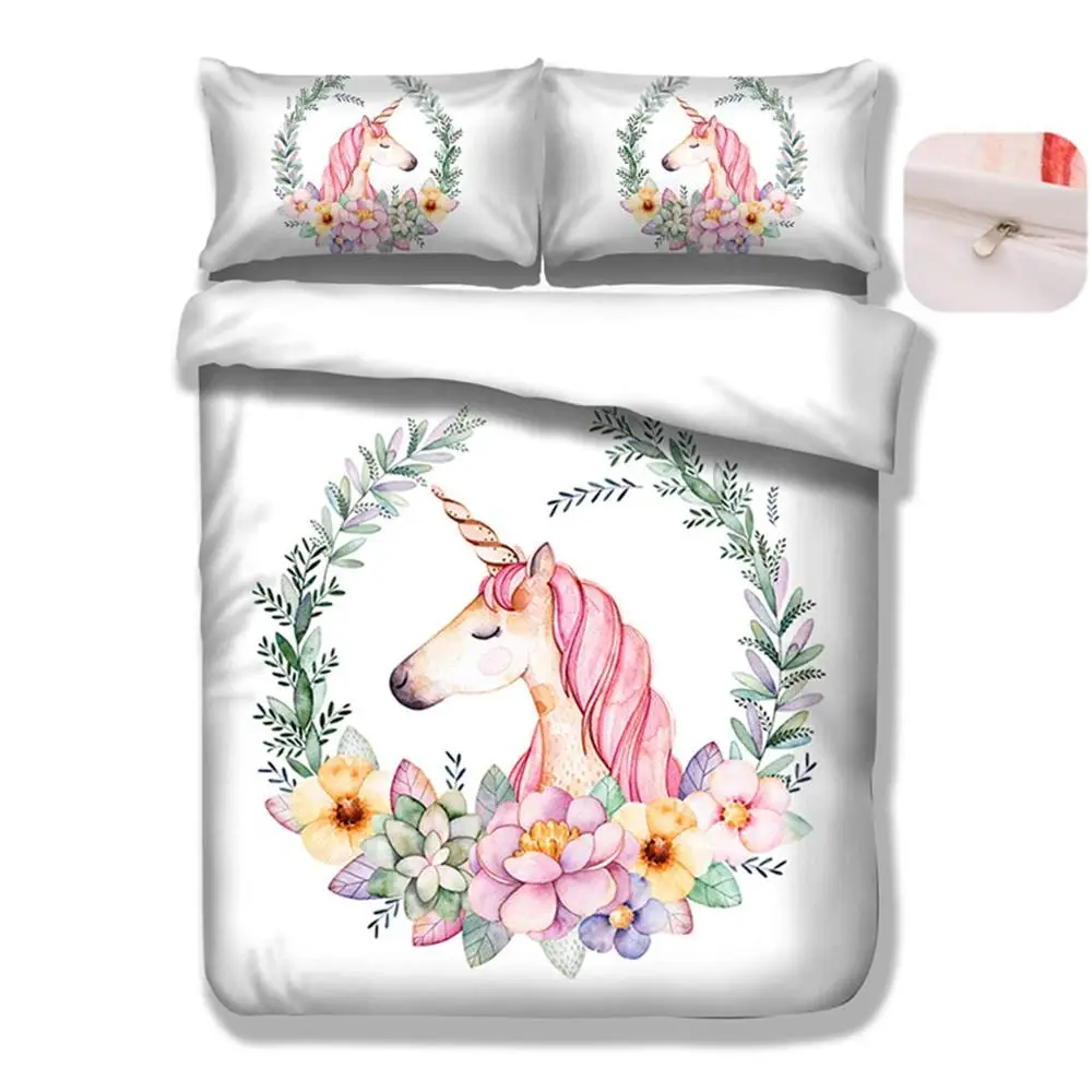 

Flowers Unicorn White Bedding Sets Pillows Case with Full Queen Duvet Cover Cotton Bedding Comforter Set Queen Size