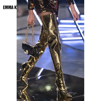 

Women Fashion Patent leather Over Knee Boots Sexy Pointed Toe Bling Bling Long Luxury Thin High Heels Catwalk Shoes 2020 Winter