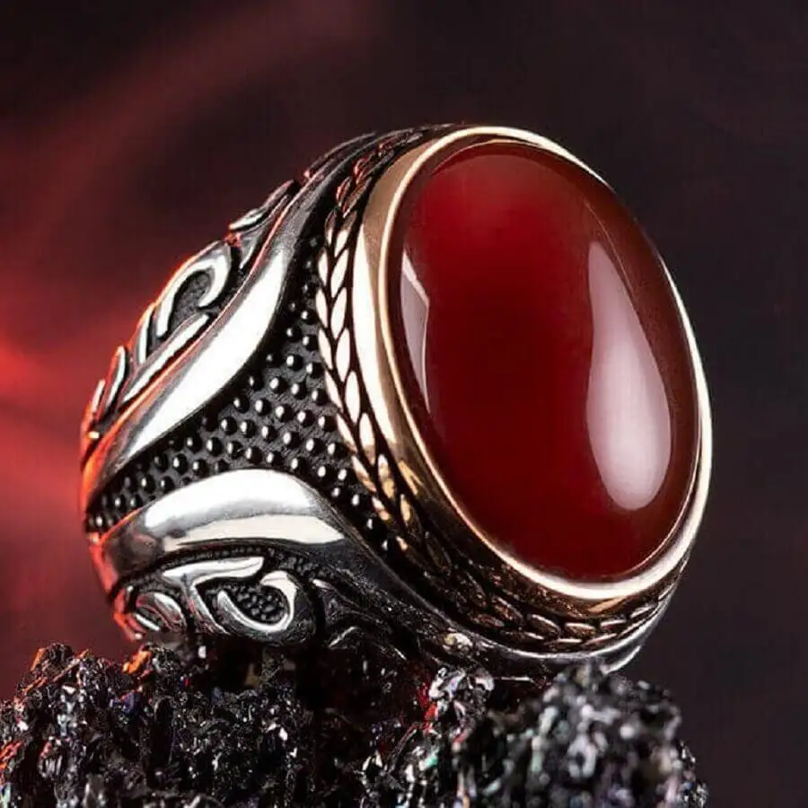 

Dark Burgundy Agate Stone Silver Men's Ring Fashion Turkish Premium Quality Handmade Jawelery