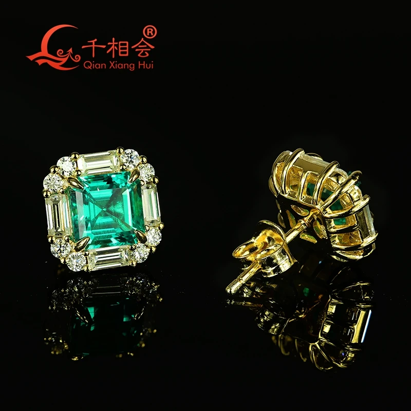 

14k and 18k yellow real gold emerald 7*7mm asscher lab Emerald Moissanite studs earring screw back jewelry weddding