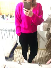 LUNDUNSHIJIA 2020 nueva primavera y otoño de las mujeres es holgado de punto suéteres señoras con cuello en V y manga larga de moda Rosa Cardigan rojo abrigos