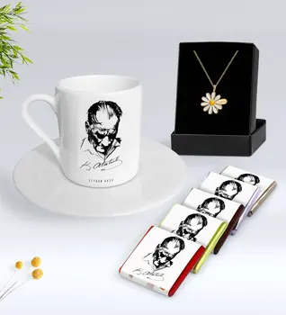 

Personalized Ataturk Themed Turkish coffee Cup Chocolate and Is Daisy Necklace Gift Seti-28