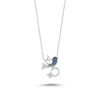 

Angemiel 925 Sterling Silver Blue Scales Nano Gemstone Tektaşlı Bird Necklace-Rhodium Plated
