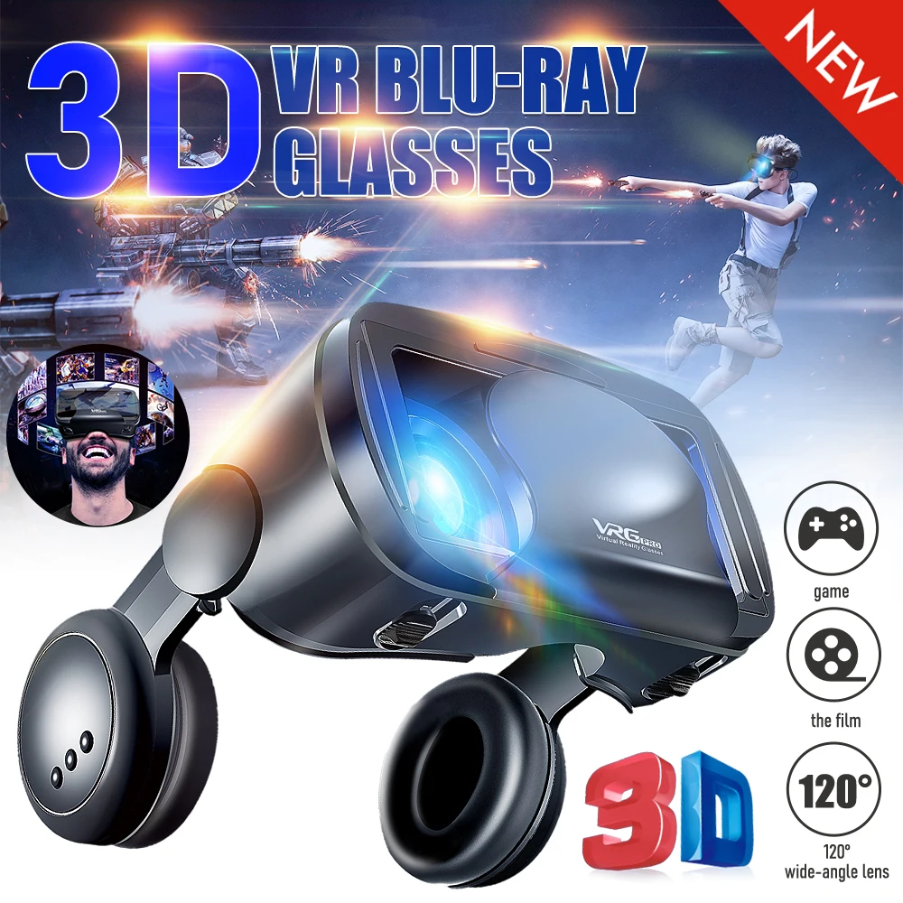 Gafas 2 en 1 VRG Pro + 3D VR, gafas de realidad Virtual duraderas con pantalla completa y auriculares para teléfonos inteligentes de 5-7 pulgadas con mando