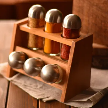 

Jar Bamboo Spice Rack Stainless Steel Design, Glass Jars With Lids Spice Organizer Countertop