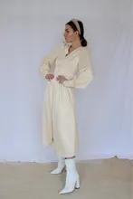 A-Line Dress V-Neck Spring Bishop-Sleeve Satin Simplee Chic Elegant Vintage High-Waist