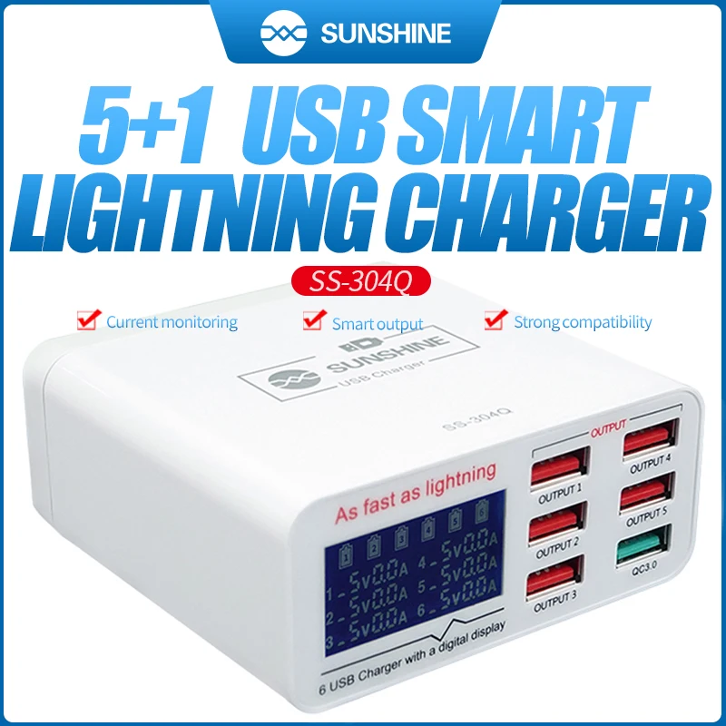 SS-304Q LCD Digital Display Quick USB Charger Multiple 3.0 USB Fast Charging Support For iPhone Xiaomi Huawei Samsung Tablet power adapter