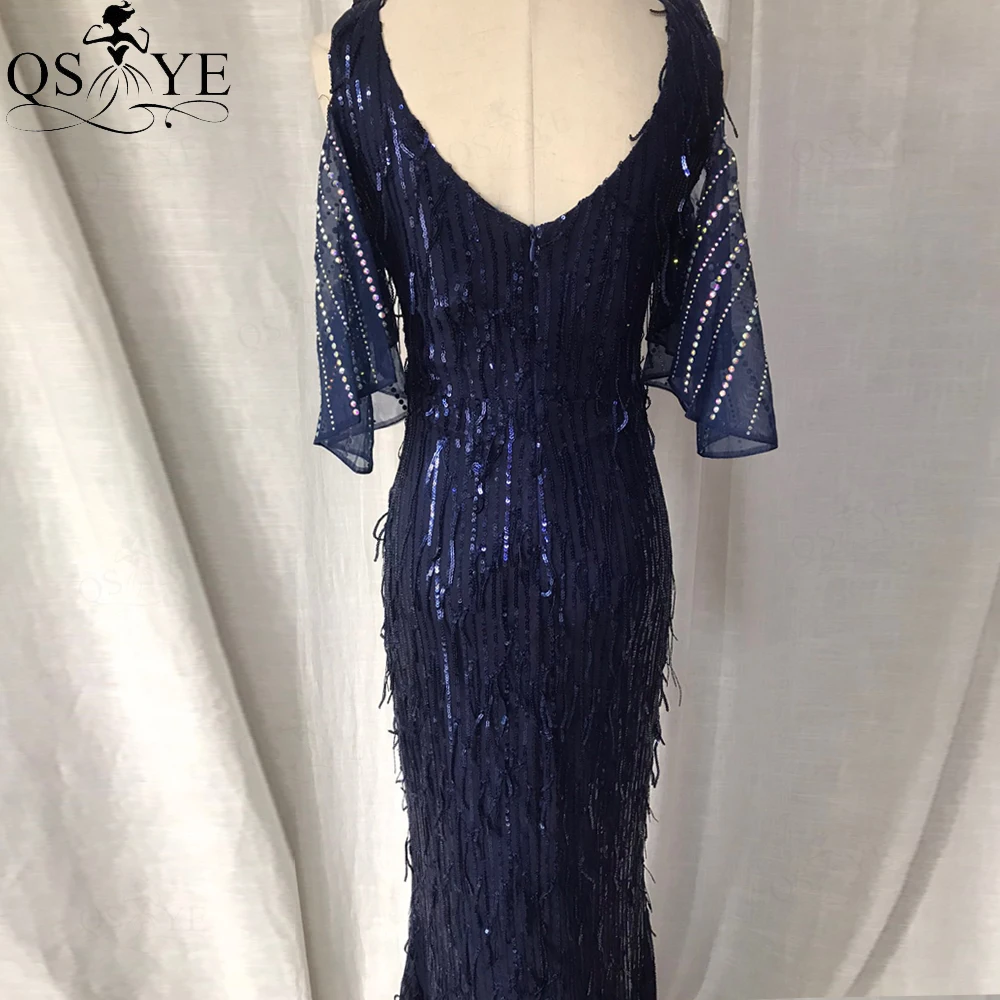 Navy Feather Evening Dress Sequin Mermaid Party Gown Flatter Side Sleeves Stretch Formal Dress V Neck Dark Blue Prom Gown 2022 hot pink prom dress
