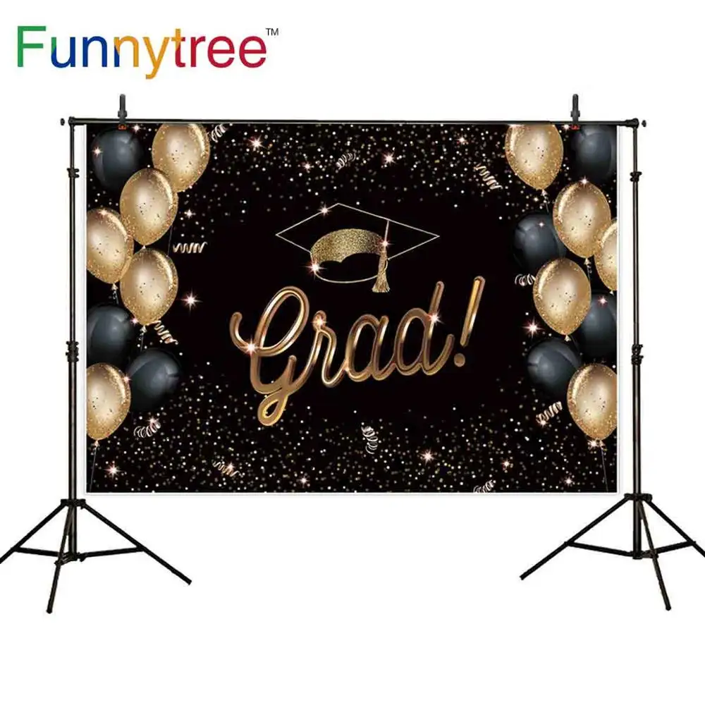 

Funnytree Graduation Party Photography Backdrop Balloons Cap Portrait Gold Sequin Sparkle Glitter Banner Background Photocall
