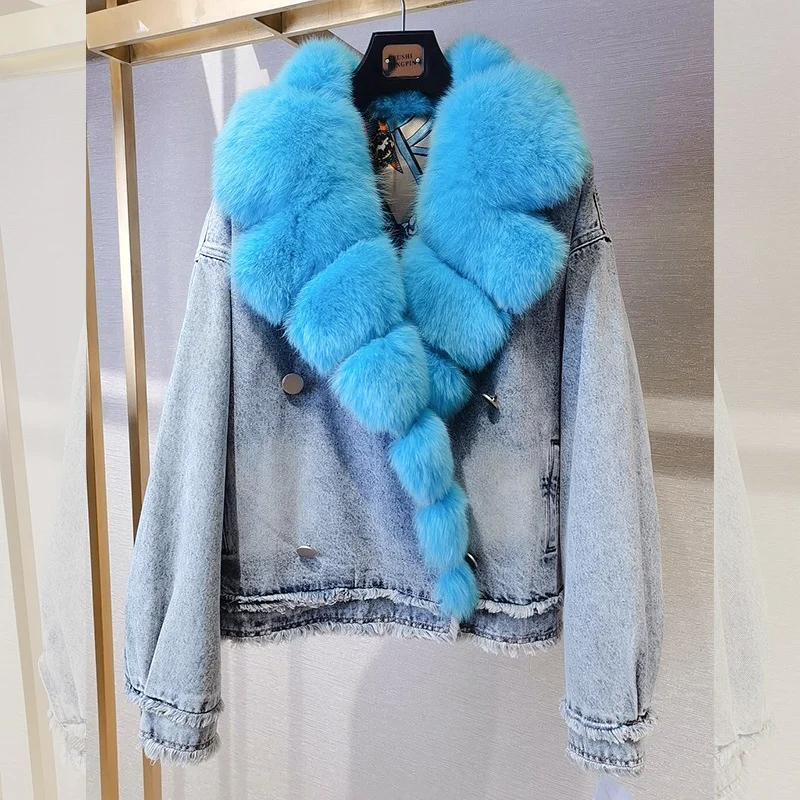 Denim Coat with Real Large Fox Fur Collar for Women, Furry Jacket, Fluffy Suit, Luxurious Brown and Yellow Coat, Winter Fashion
