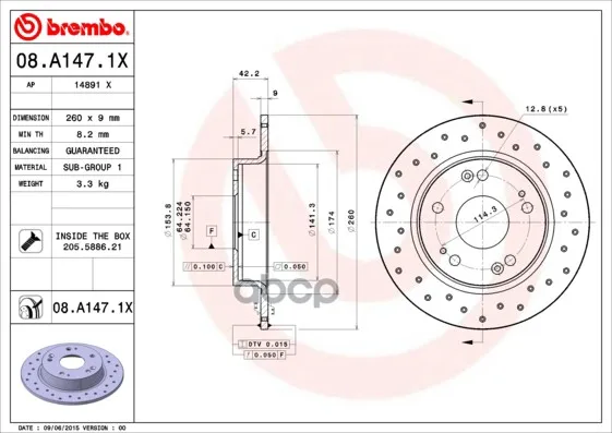 Диск Тормозной Задн, Honda: Civic Viii Hatchback 05-, Civic Viii Седан 05- Brembo арт. 08.A147.1X