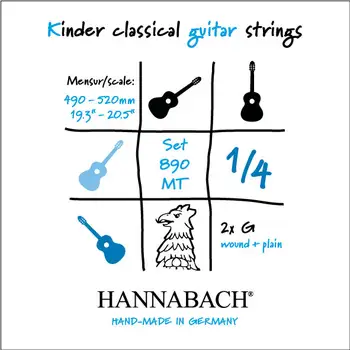 

890mt14 Kinder guitar size string kit for classical guitar 1/4, silver plated, hannabach