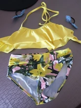 Bañador de 5 a 14 años para niña, traje de baño para niña con estampado de hojas, Bikini de chica adolescente, traje de baño con Top de cuello Halter para niña Falbala