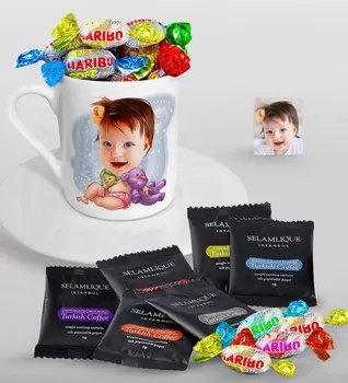 

Personalized Baby Caricature Of Turkish Coffee Cup Selamlique Mixed Turkish Coffee house And Haribo Candy Gift Seti-2