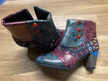 Vintage Splicing Printed Ankle Boots For Women Shoes Woman PU Leather Retro Block High Heels Women Boots