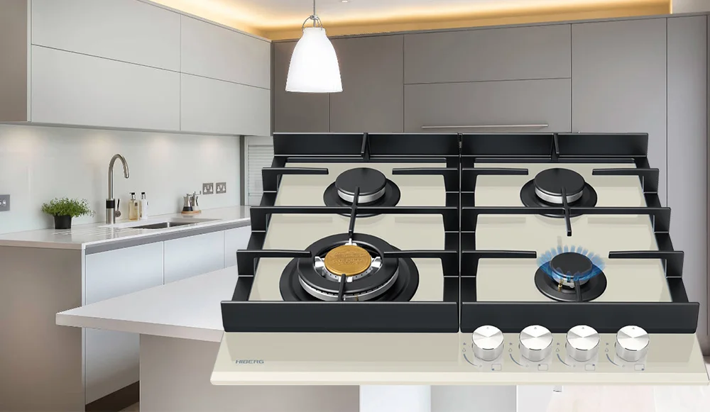 Встраиваемая панель с газ-контролем HIBERG VM 6044 Y, бежевое закаленное стекло, мощные чугунные решетки, WOK кон