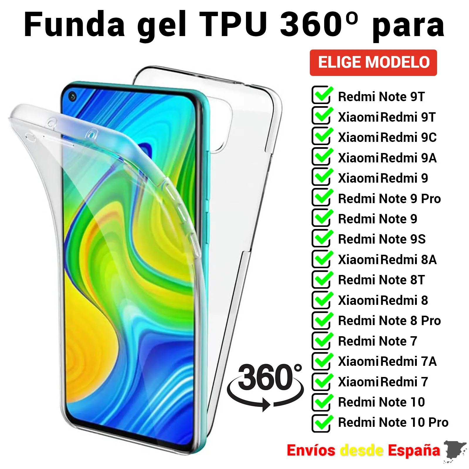 Чехол из ТПУ 360 для Xiaomi Redmi 7 7A 8 8T 9 9A 9C 9T Note PRO. Прозрачный силиконовый двухсторонний