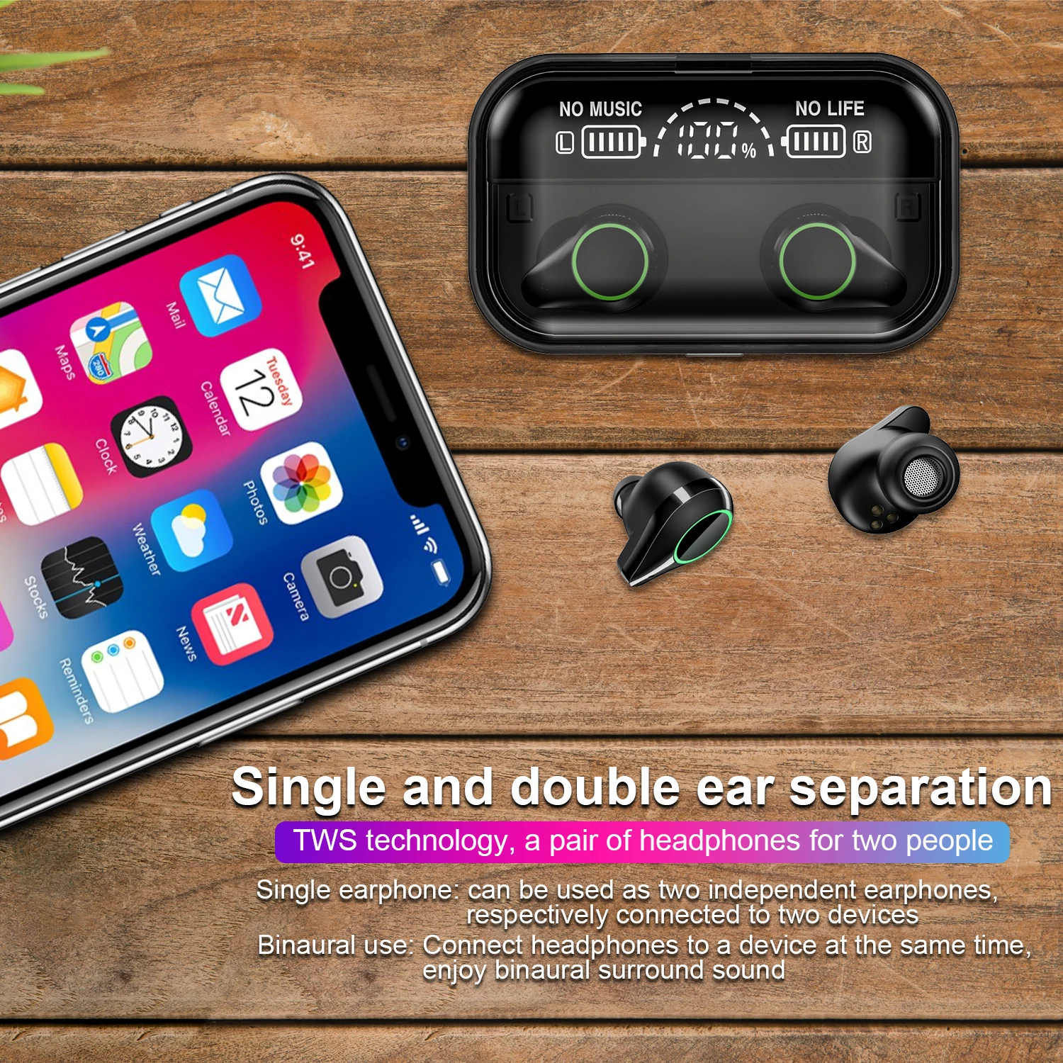 TOMKAS TWS Earphones 9D Stereo Bluetooth 5.0 Wireless Earphones IPX7 Waterproof Headphone LED Display with Mic Touch Key