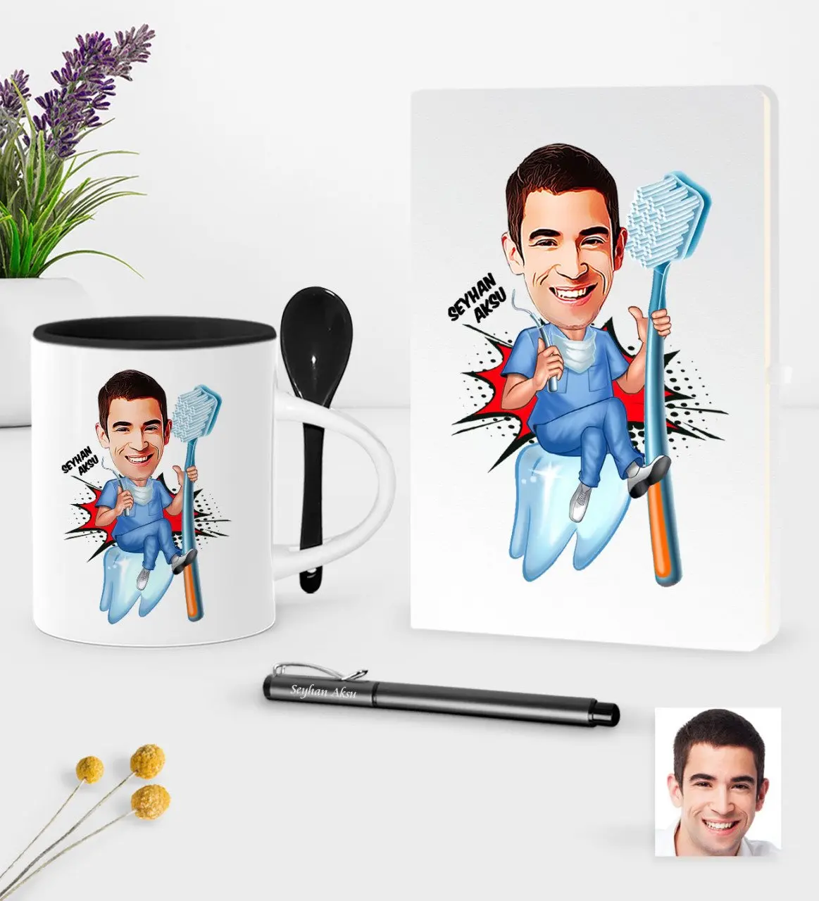 

Personalized Mr Dentist Caricature Of White Notebook Pen Spoon Mug set-2