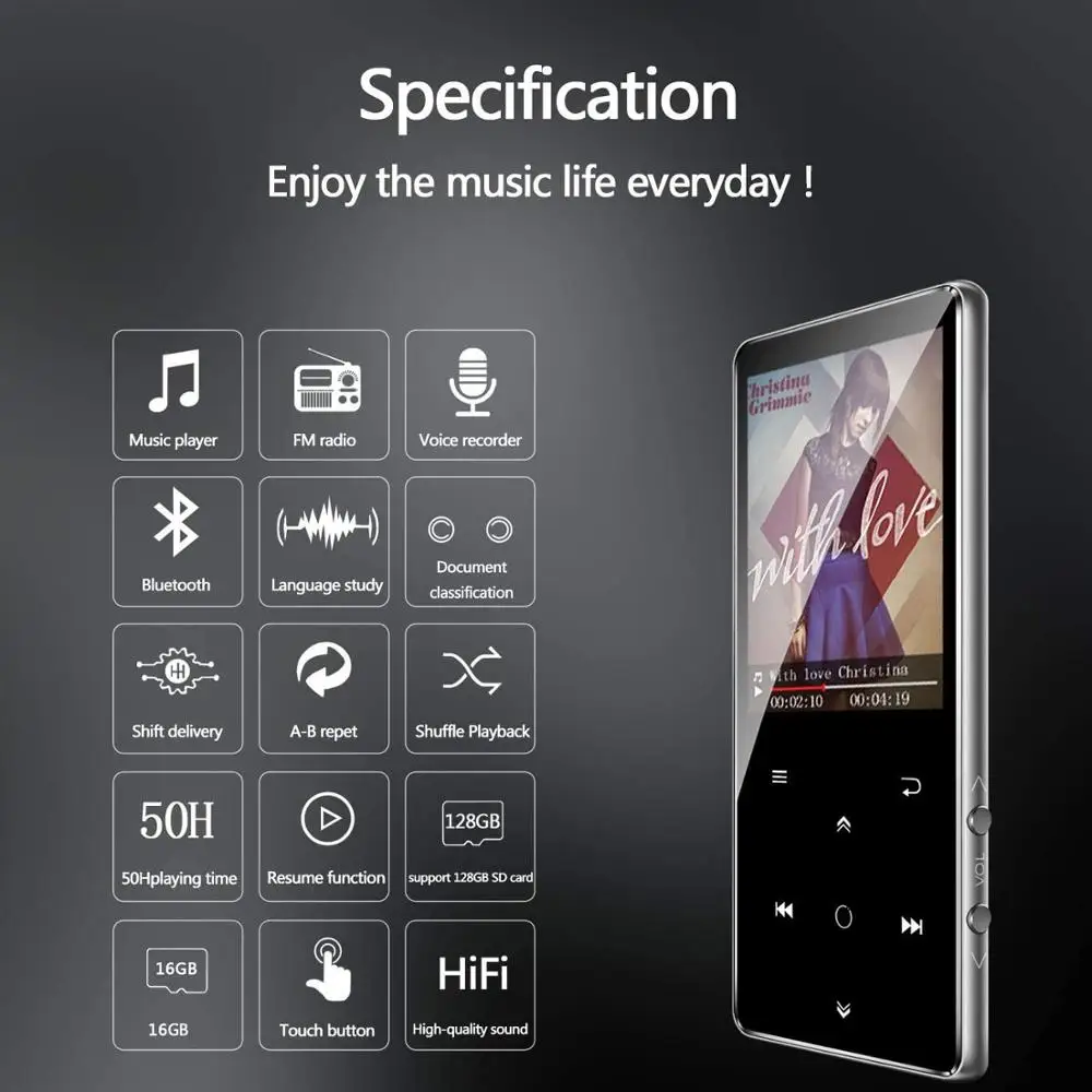 HiFi воспроизводитель MP3 плеер Bluetooth 4 0 сенсорный металлический 16 Гб Встроенный без