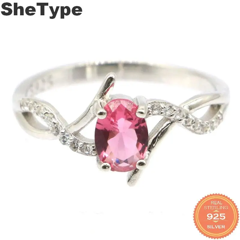 

7x5mm 2019 Simple Style 2.1g Color Created Pink Tourmaline CZ Gift For Ladies 925 Solid Sterling Silver Rings