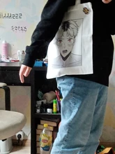 Bolso de compras Ulzzang Bj para mujer, bolsa de lona con estampado de dibujos animados, informal, Harajuku, Punk, 2020