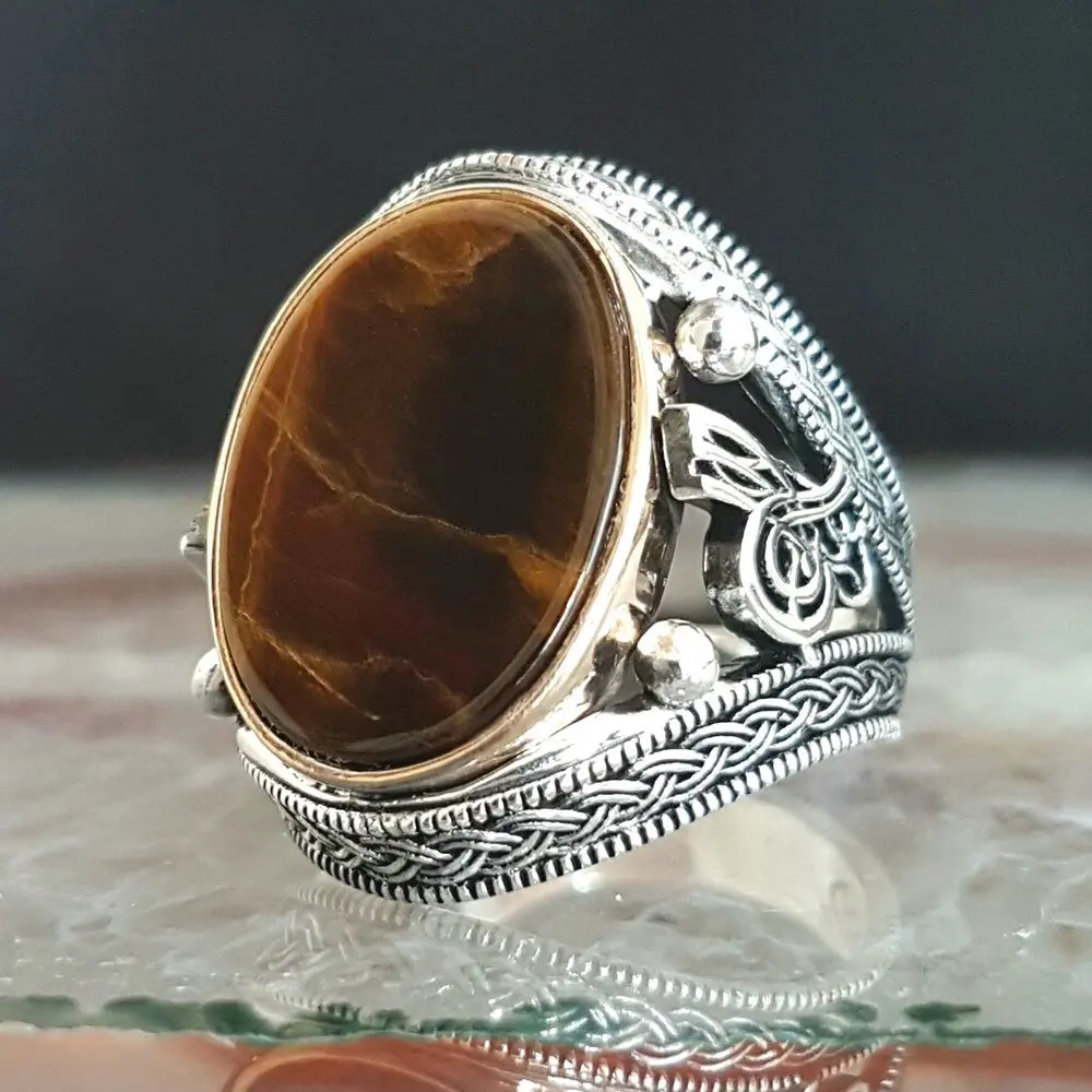 925 пробы Серебряное мужское кольцо с тигровым глазом