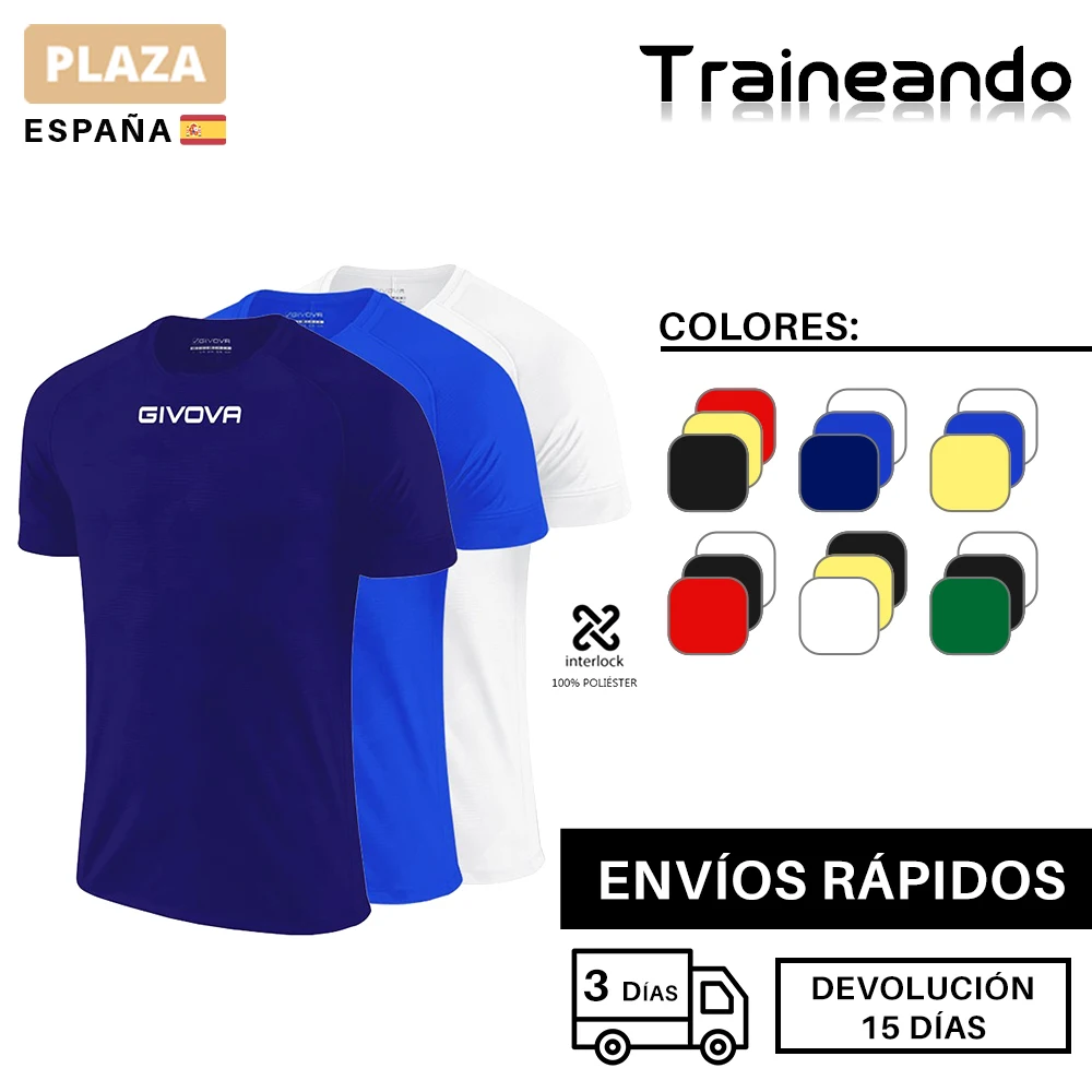 Pack Camisetas de entrenamiento, correr, fútbol para hombre, mujer y niños  GIVOVA, Tejido Interlock 100% poliéster transpirable.